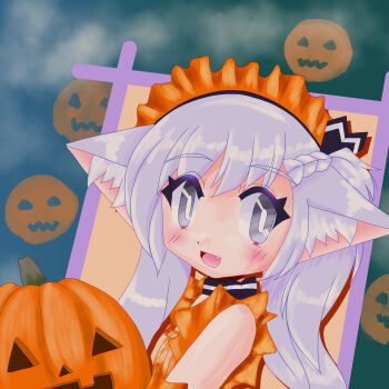 1girl :d aged_down animal_ears azur_lane belfast_(azur_lane) blush cat_ears cat_girl fang female female_focus grey_eyes halloween loli maid maid_headband meta_nan open_mouth pumpkin smile solo solo_focus white_hair