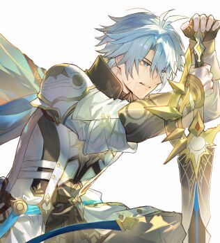 Rule 34 | 1boy, antenna hair, armor, black choker, black gloves, black shirt, blue cape, blue eyes, cape, choker, coat, commentary, crying, crying with eyes open, dawnmaker (honkai: star rail), fingerless gloves, floating cape, gloves, grey pants, hand on hilt, highres, holding, holding sword, holding weapon, honkai: star rail, honkai (series), korean commentary, male focus, pants, parted bangs, pauldrons, phainon (honkai: star rail), planted, planted sword, planted weapon, shirt, short hair, shoulder armor, simple background, single glove, single pauldron, solo, sp0i0ppp, sword, tears, weapon, white background, white coat, white hair