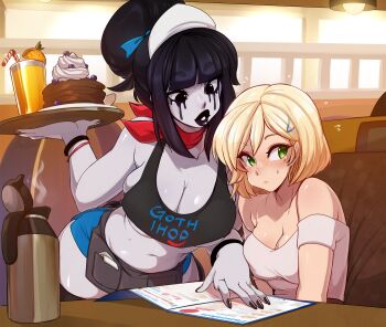 2girls apron bare_shoulders belly black_eyes black_hair black_lips black_nails blonde_hair blue_sky blush borrowed_character bracelet breasts bursting_breasts coffee_pot commentary crop_top crossover cup drinking_glass drinking_straw embarrassed employee_uniform english_commentary femboy_hooters_(meme) food goth_fashion green_eyes hair_bun ihop jewelry juice koko_(darknud) large_breasts leaning_forward lips lipstick looking_away love_handles maid_headdress makeup mascara medium_breasts meme menu merunyaa microskirt muffin_top multiple_girls nail_polish neckerchief no_bra nose_blush off-shoulder_shirt off_shoulder orange_juice original pancake puckered_lips runny_makeup sammy_(bestsammy) shirt short_hair sidelocks single_hair_bun skindentation skirt sky thighhighs tray underboob waist_apron waitress yuri zettai_ryouiki