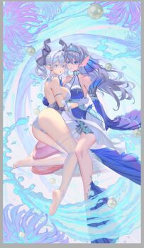 Rule 34 | 2girls, alternate costume, ass, bikini, blue dress, blue eyes, blush, breasts, closed mouth, collarbone, commentary request, demon horns, demon tail, demon wings, detached sleeves, dress, drill hair, duel monster, fins, grey hair, hair ornament, head fins, horns, kitkallos (yu-gi-oh!), large breasts, long hair, long sleeves, looking at viewer, lovely labrynth of the silver castle, medium breasts, multiple girls, open mouth, pointy ears, rare lemon, sleeves past wrists, smile, swimsuit, tail, tearlaments kitkallos, thighhighs, tiara, twin drills, underwater, white bikini, white thighhighs, white tiara, wings, yu-gi-oh!, yuri