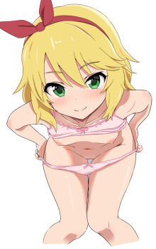 1girl bent_over blonde_hair bra bra_lift breasts closed_mouth clothes_lift collarbone commentary_request female_focus hairband idolmaster idolmaster_cinderella_girls leaning_forward loli looking_at_viewer navel nipples panties panty_pull pc_fworks pink_bra pink_panties red_hairband sakurai_momoka short_hair simple_background small_breasts smile solo standing thigh_gap underwear underwear_only white_background