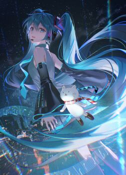 Rule 34 | 1girl, absurdres, aqua eyes, aqua hair, aqua nails, aqua necktie, black skirt, building, bump of chicken, cat, commentary, detached sleeves, grey shirt, hatsune miku, headset, highres, long hair, looking at viewer, looking to the side, music stand, musical note, necktie, nicole (bump of chicken), night, pleated skirt, pong (pong o0), scarf, shirt, skirt, sky, sleeveless, sleeveless shirt, star (sky), starry sky, striped clothes, striped scarf, teeth, tie clip, twintails, upper teeth only, very long hair, vocaloid