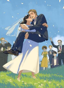 Rule 34 | 3girls, 5boys, annie leonhart, arm up, armin arlert, arms up, assertive female, basket, beard stubble, black hair, black jacket, black pants, black shoes, black socks, black suit, blonde hair, blue dress, blue necktie, blue sky, blush, bouquet, bow, bowtie, bridal veil, bride, brown hair, carrying, carrying person, character request, cheering, clapping, closed eyes, closed mouth, collared shirt, commentary, confetti, couple, crying, day, dress, english commentary, facial hair, facial scar, flower, formal clothes, full body, grass, groom, hair between eyes, hair slicked back, half updo, hand on another's back, hand on another's leg, happy, hat, hetero, highres, holding, holding basket, holding bouquet, husband and wife, jacket, jean kirstein, jewelry, kiss, kissing cheek, levi (shingeki no kyojin), long hair, looking at another, mikasa ackerman, multiple boys, multiple girls, necktie, open mouth, outdoors, own hands together, pants, parted bangs, red necktie, reiner braun, reverse princess carry, ring, scar, scar on cheek, scar on face, shingeki no kyojin, shirt, shoes, short hair, short sleeves, sitting, sky, smile, socks, standing, stubble, suit, tears, teeth, throwing, throwing confetti, upper teeth only, veil, wedding, wedding ring, weis sen, wheelchair, white bow, white bowtie, white dress, white flower, white shirt, white shoes, white veil, wiping tears, yellow dress