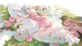 1girl artist_request bare_shoulders barefoot character_request flower grass grey_hair hugging_object pajamas pillow pillow_hug pink_pajamas punishing:_gray_raven red_eyes