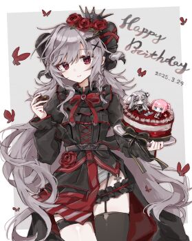 Rule 34 | 1girl, absurdres, belt, bib collar, birthday, black crown, black dress, black thighhighs, border, bow, braid, bug, butterfly, cake, candy, character doll, character request, chinese commentary, chocolate, chocolate heart, commentary request, cowboy shot, cross, crown, dated, doll, dress, fashion, flower, food, grey background, grey hair, hair flower, hair ornament, happy birthday, hardcore tano-c, heart, heart-shaped food, highres, holding, holding cake, holding chocolate, holding food, horn ornament, horn ribbon, horns, icing, insect, j-core, laur, laur-chan, legwear garter, long hair, long sleeves, ouji fashion, red bow, red butterfly, red eyes, red flower, red rose, ribbon, rose, sheep horns, side braid, simple background, single legwear garter, smile, solo, standing, thighhighs, very long hair, viyella, white border, wusem0108