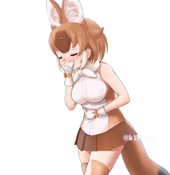 1girl animal_ears bare_shoulders beleven blush bow bowtie brown_hair brown_shirt brown_skirt brown_thighhighs closed_eyes covering_own_mouth cowboy_shot dhole_(kemono_friends) dog_ears dog_girl dog_tail gloves hair_between_eyes hand_on_own_stomach highres kemono_friends multicolored_hair pleated_skirt shirt short_hair sidelocks skirt sleeveless sweatdrop tail thighhighs two-tone_shirt white_bow white_bowtie white_gloves white_hair white_shirt zettai_ryouiki