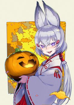 animal_ears colored_eyelashes fox_ears fox_girl hair_between_eyes hakama halloween highres japanese_clothes long_hair long_sleeves miko phase_connect ponytail pumpkin purple_eyes red_hakama smile tenma_maemi tenma_maemi_(3rd_costume) thick_eyebrows tresmarrow white_hair wide_sleeves