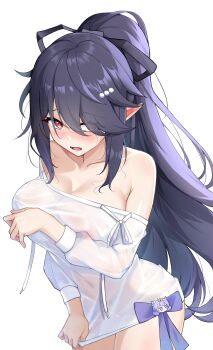 1girl absurdres arm_under_breasts armpit_crease bare_shoulders bikini black_hair blush breasts cleavage collarbone commentary_request covered_erect_nipples covered_navel eda_(epic_seven) embarrassed epic_seven hair_ornament hair_over_one_eye hair_ribbon hairclip high_ponytail highres huge_breasts leaning_to_the_side long_hair long_sleeves looking_to_the_side navel nose_blush off_shoulder official_alternate_costume open_mouth pointy_ears ponytail red_eyes ribbon see-through_clothes shirt solitaria_(epic_seven) solo swept_bangs swimsuit thick_thighs thighs wavy_hair wet wet_clothes wet_shirt white_background white_shirt zesto