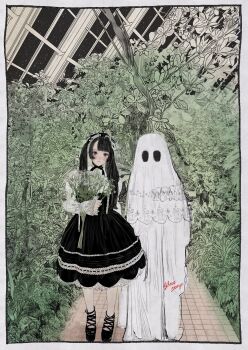 Rule 34 | 1girl, 1other, black dress, black hair, black shoes, blush, border, closed mouth, dress, flower, frilled hairband, frills, ghost costume, gothic lolita, greenhouse, grey eyes, hairband, highres, holding, holding flower, lolita fashion, lolita hairband, long hair, long sleeves, looking at viewer, original, pavement, plant, platform shoes, purupurualiens, sheet ghost, shirt, shoes, standing, twintails, white border, white flower, white shirt, wide shot, window