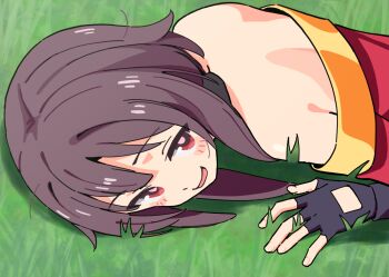 1girl :d amane_luna_(vtuber) bare_shoulders black_gloves blush_stickers brown_hair commentary dress fingerless_gloves gloves grass kono_subarashii_sekai_ni_shukufuku_wo! lying megumin noyama_takenoko off-shoulder_dress off_shoulder on_grass on_stomach open_mouth red_dress red_hair smile solo upper_body