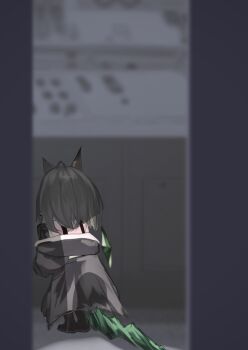 1girl absurdres animal_ears arknights arms_up black_hair black_jacket cat_ears cat_girl crystal crystal_tail doctor_(arknights) floating floating_object from_behind highres jacket jacket_on_shoulders kneeling mebe_(teadia_violet) medium_hair mon3tr_(arknights) off_shoulder out_of_frame shadow tail walk-in