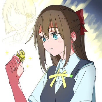 Rule 34 | 2girls, black vest, blue eyes, blue shirt, bob cut, bow, brown hair, collared shirt, commentary request, crescent, crescent hair ornament, hair bow, hair ornament, haruruhaharur, highres, holding, holding hair ornament, inverted bob, love live!, love live! nijigasaki high school idol club, multiple girls, nakasu kasumi, neck ribbon, osaka shizuku, parted lips, red bow, ribbon, shirt, short hair, short sleeves, solo focus, star (symbol), star hair ornament, summer uniform, upper body, vest, white background, yellow ribbon