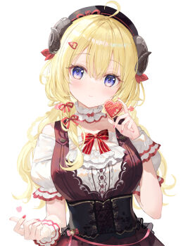 Rule 34 | 1girl, ahoge, black skirt, blonde hair, bow, breasts, cleavage, closed mouth, commentary, fuumi (radial engine), hair ribbon, hand up, highres, hololive, horns, long hair, low twintails, red bow, red nails, red ribbon, ribbon, sheep girl, sheep horns, shirt, short hair, short sleeves, simple background, skirt, solo, tsunomaki watame, twintails, untranslatable commentary, upper body, virtual youtuber, white background, white shirt