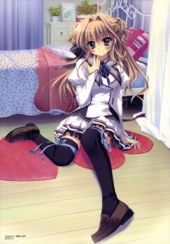 Rule 34 | 1girl, absurdres, arm support, bed, black thighhighs, blue eyes, female focus, hair intakes, hair ribbon, highres, izumi tsubasu, leg ribbon, loafers, mashiroiro symphony, ribbon, school uniform, sena airi, shitajiki, shoes, sitting, solo, thigh ribbon, thighhighs, two side up, zettai ryouiki