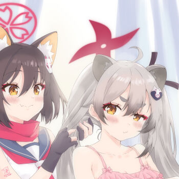 2girls ahoge animal_ear_fluff animal_ears bare_shoulders black_gloves blue_archive blue_sailor_collar blurry blurry_background blush bow bow_bra bra closed_mouth collarbone commentary extra_ears eyelashes eyeshadow fang fox_ears fox_girl fox_hair_ornament gloves good_twins_day grey_hair hair_between_eyes halo highres izuna_(blue_archive) long_hair looking_at_another looking_at_viewer makeup medium_hair michiru_(blue_archive) multiple_girls neckerchief o3o partially_fingerless_gloves pink_bow pink_bra pink_eyeshadow puckered_lips raccoon_ears raccoon_girl raccoon_hair_ornament red_halo red_neckerchief s_sequentia sailor_collar school_uniform serafuku shirt sidelocks signature skin_fang sleeveless sleeveless_shirt smile thick_eyebrows twintails tying_another's_hair underwear upper_body white_shirt yellow_eyes