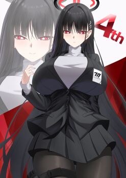 1girl black_hair black_halo black_jacket black_pantyhose black_skirt blue_archive blush breasts bright_pupils closed_mouth commentary cowboy_shot different_zoom_layer from_below grey_shirt grey_sweater hair_intakes hair_ornament hairclip halo highres jacket large_breasts long_hair looking_at_viewer looking_down miniskirt multicolored_halo pantyhose pleated_skirt red_eyes red_halo ringed_eyes rio_(blue_archive) shirt skirt smile solo standing suigetu26 sweater thigh_strap turtleneck turtleneck_sweater two-tone_halo very_long_hair white_pupils zoom_layer