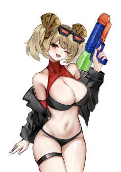 1girl absurdres aviator_sunglasses bare_shoulders bikini black_bikini black_jacket blonde_hair blush breasts burnice_white cleavage commentary covered_collarbone cowboy_shot curvy eyewear_on_head hand_up highres holding holding_water_gun jacket large_breasts long_hair looking_at_viewer navel one_eye_closed open_clothes open_jacket open_mouth red-framed_eyewear red_eyes simple_background skindentation smile solo stomach sunglasses swimsuit thick_thighs thigh_strap thighs twintails water_gun wawamachi white_background zenless_zone_zero
