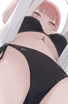 1girl bikini black_bikini breasts clothes_lift from_below highres hiroki_(yyqw7151) large_breasts lifting_own_clothes looking_down navel original pink_eyes pink_hair shirt shirt_lift simple_background solo swimsuit upshirt white_background white_shirt