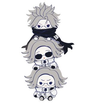 3boys :o aotsuki_eito black_cloak black_eyes black_gloves breast_pocket chibi chibi_only cloak frown glasses gloves grey_background grey_hair jacket last_defense_academy_school_uniform looking_at_viewer male_focus multiple_boys multiple_persona official_alternate_hairstyle on_head pocket rizu_(rizunm) school_uniform short_hair simple_background sitting solid_eyes spoilers stack sunglasses sweatdrop the_hundred_line_-last_defense_academy- twitter_username white_gloves white_jacket