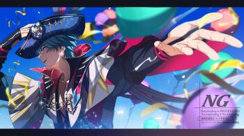 1boy absurdres balloon blue_hair brant_(wuthering_waves) collarbone commentary confetti earrings english_commentary from_side hand_on_own_hat hat highres jewelry letterboxed male_focus open_clothes open_mouth open_shirt outstretched_arm pink_eyes sae_naiyatsu short_hair smile solo tricorne upper_body watermark wuthering_waves