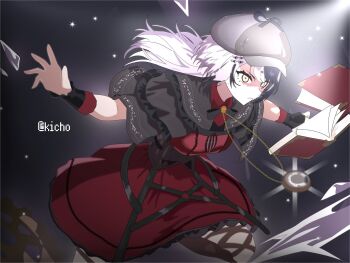 1girl black_capelet black_corset black_hair book brown_thighhighs capelet corset deerstalker dress floating floating_book floating_object grey_hat hat highres hololive hololive_english kicho_006 long_hair multicolored_hair official_alternate_costume pocket_watch red_dress shiori_novella shiori_novella_(casual) solo split-color_hair thighhighs two-tone_hair virtual_youtuber watch white_hair yellow_eyes