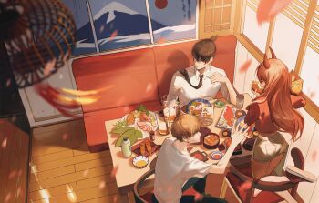 1girl 2boys absurdres alcohol bag beer beer_mug black_hair black_pants black_tea blonde_hair booth_seating bottle bowl bread chainsaw_man chair chinese_commentary cigarette cigarette_pack collared_shirt commentary_request corn_dog cup demon_horns denji_(chainsaw_man) egg fish_(food) food from_above fruit grocery_bag hanging_scroll hayakawa_aki highres holding holding_bag holding_cigarette holding_cup holding_food horns indoors kneeling lantern leaf lemon lemon_slice long_hair long_sleeves looking_to_the_side mug multiple_boys ningyu706 on_chair pants paper_bag pepper_shaker pink_hair plate ponytail power_(chainsaw_man) profile red_horns red_shoes red_sweater sashimi scroll shirt shoes shopping_bag short_ponytail short_shorts short_sleeves shorts sitting slice_of_life smoking sushi sweater t-shirt table tassel tea three-quarter_sleeves very_long_hair white_shirt white_shorts window window_blinds wing_collar wooden_floor