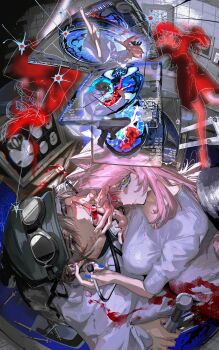 Rule 34 | 1boy, 1girl, absurdres, black bow, blood, blood on clothes, blood on face, blood on hands, blood splatter, blue nails, bow, breast press, breasts, broken glass, brown hair, cable, cd, closed mouth, coat, commission, crack, dental drill, dentist, doctor, dress, eyelashes, fingernails, flask, from above, glass, goggles, goggles on head, green eyes, hair bow, hat, hetero, highres, holding, holding stethoscope, hug, indoors, lab coat, large breasts, light particles, long hair, looking at another, looking at viewer, mau sakura, nail polish, nurse, open box, open mouth, original, pink hair, red dress, red pupils, shirt, short hair, short sleeves, skeb commission, sparkle, stethoscope, surreal, test tube, tile wall, tiles, tongue, tongue out, white coat, white dress, white shirt