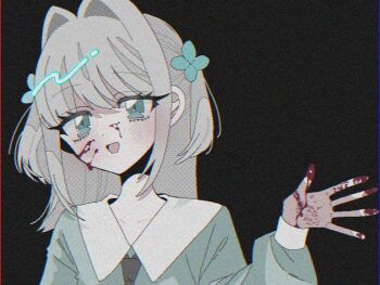 Rule 34 | 1990s (style), 1girl, aqua eyes, aqua flower, aqua shirt, black background, black necktie, blood, blood on face, blood on hands, chromatic aberration, collarbone, collared shirt, commentary, english commentary, eyelashes, film grain, flower, grey hair, hair flower, hair intakes, hair ornament, imouto tasha paranoia, long hair, long sleeves, medium hair, necktie, official art, open mouth, portrait, retro artstyle, sahana (imouto tasha paranoia), shirt, smile, solo, tabun ningen, tareme, two side up