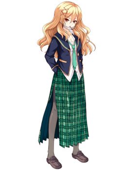 1girl black_pantyhose blonde_hair brown_shoes chest_sarashi full_body girlfriend_(kari) green_necktie green_skirt hair_ornament hands_in_pockets jacket loafers long_skirt looking_at_viewer mask mouth_mask necktie official_art pantyhose plaid_clothes plaid_skirt pleated_skirt qp:flapper red_eyes ryugasaki_juria sarashi school_uniform shirt shoes side_slit simple_background skirt solo transparent_background white_shirt x_hair_ornament