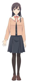 1girl black_dress black_eyes black_hair black_pantyhose brown_shirt brown_shoes closed_mouth collared_shirt dress full_body highres loafers long_hair long_sleeves looking_at_another looking_at_viewer nanami_touko neck_ribbon official_art orange_ribbon pantyhose pleated_dress ribbon school_uniform second-party_source shirt shoes simple_background smile solo standing tachi-e tohmi_higashi_high_school_uniform white_background yagate_kimi_ni_naru