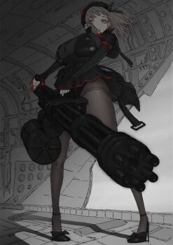 Rule 34 | 1girl, beret, black gloves, black headwear, black pantyhose, black shirt, black skirt, breasts, earrings, emma (nikke), fingerless gloves, full body, gatling gun, gloves, goddess of victory: nikke, green eyes, hair ribbon, hat, high heels, highres, holding, holding weapon, jewelry, large breasts, light brown hair, long hair, looking at viewer, mero (ilsttkgbz11), neckerchief, pantyhose, red neckerchief, ribbon, shirt, skirt, solo, standing, weapon
