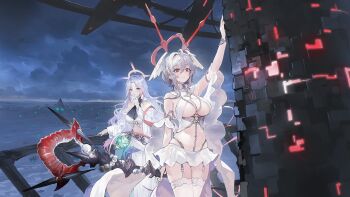 2girls azur_lane bikini blush breasts brushing game_cg ganj-i-sawai_(azur_lane) garter_straps halo head_wings highleg highleg_panties highres holding holding_staff jewelry large_breasts lens_flare leotard long_hair medium_hair midriff multicolored_hair multiple_girls necklace non-web_source open_mouth panties parted_lips pearl_(azur_lane) pearl_necklace pink_hair purple_eyes purple_hair revealing_clothes ribbon ribs sitting skirt staff surprised swimsuit thighhighs thinking underwear very_long_hair wariza weapon white_bikini white_garter_straps white_hair white_panties white_skirt white_thighhighs wings