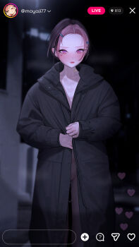1girl absurdres bandaid bandaid_on_neck bite_mark black_coat black_hair blurry blurry_background blush breasts brown_hair closed_mouth coat collarbone commentary_request ear_piercing english_text exhibitionism fake_phone_screenshot fake_screenshot forehead gonggong_ill hair_ornament hairclip heart heart_tattoo hickey highres indie_virtual_youtuber korean_commentary long_sleeves looking_at_viewer makeup mole mole_under_eye moyaji_(vtuber) multicolored_hair naked_coat no_panties piercing pink_eyes pink_hair public_indecency purple_eyes pussy_juice pussy_juice_trail short_hair solo standing tattoo timestamp trench_coat two-tone_hair user_interface virtual_youtuber