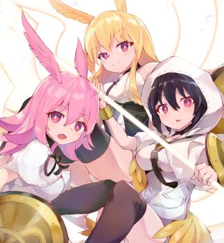 3girls absurdres black_hair black_legwear blonde_hair breasts coat fate/grand_order fate_(series) highres hildr_(fate) looking_at_viewer multiple_girls open_mouth ortlinde_(fate) pink_hair red_eyes same_(sendai623) smile thighhighs thrud_(fate) valkyrie_(fate) white_coat