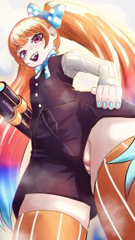 1girl :d black_shorts black_vest blue_bow blue_hair blue_nails bow bowtie breasts censored from_below gradient_hair hair_bow hand_on_own_hip katana loli long_hair long_sleeves looking_at_viewer looking_down mole mole_on_thigh multicolored_hair nail_polish no_panties open_mouth orange_hair orange_nails orange_thighhighs partially_visible_vulva pink_eyes polka_dot polka_dot_bow purple_eyes pussy pussy_peek red_eyes sheath sheathed shirt short_shorts shorts skindentation small_breasts smile solo standing striped_clothes striped_shirt striped_thighhighs sword takt_op. teeth thepedanticartfool thighhighs thighs titan_(takt_op.) twintails upper_teeth_only upshorts vertical-striped_clothes vertical-striped_shirt vertical-striped_thighhighs very_long_hair vest waistcoat weapon white_shirt