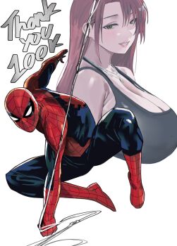 1boy 1girl blush bodysuit breasts commentary english_commentary highres long_hair looking_at_viewer marvel mary_jane_watson mugi_(mugit49) multicolored_bodysuit simple_background smile spider-man spider-man_(series) spider_web_print superhero_costume tagme thank_you two-tone_bodysuit white_background