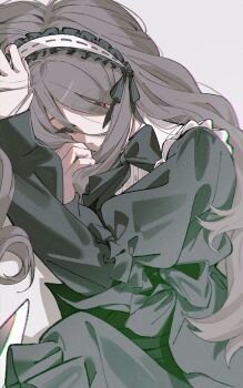 1girl absurdres alternate_hair_length alternate_hairstyle black_bow black_bowtie black_dress bow bowtie brown_hair chromatic_aberration commentary dress ebizuka_tomo girls_band_cry highres kuji_(orca9ji) long_hair long_sleeves lying maid_headdress on_side purple_background red_eyes simple_background solo symbol-only_commentary