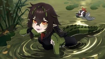1girl absurdres bawnzee bird black_pants black_shirt brown_hair colored_sclera commentary crocodile_girl crocodilian_tail english_commentary fangs green_scales green_streaks highres indie_virtual_youtuber kairyu_crocodile long_hair looking_at_viewer multicolored_hair open_mouth pants pointy_ears red_eyes shirt sleeveless sleeveless_shirt smile solo streaked_hair tail virtual_youtuber wading water wetland yellow_sclera