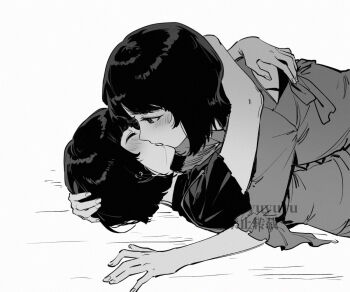 2girls amakura_mayu amakura_mio blush bob_cut chinese_commentary closed_eyes commentary_request facing_another fatal_frame fatal_frame_ii:_crimson_butterfly french_kiss frilled_sleeves frills from_side girl_on_top greyscale hand_on_another's_head hands_up heavy_breathing hug incest kiss looking_at_another lying lying_on_person monochrome multiple_girls on_back on_stomach parted_lips profile saliva shirt short_hair short_sleeves siblings simple_background sisters three-quarter_sleeves twincest twins twitter_username watermark white_background xunyu_(manyu) yuri