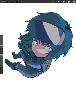 1girl aizheajsee black_hair blue_eyes blue_hair bullpup chibi chibi_only full_body ghost_in_the_shell gun head-mounted_display highres holding holding_gun holding_weapon kusanagi_motoko medium_hair solo user_interface weapon white_background
