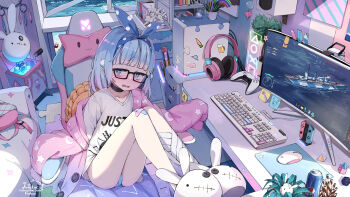 1girl animal_slippers bags_under_eyes bandaged_leg bandages bandaid bandaid_on_knee bandaid_on_leg bilingual_commentary black-framed_eyewear black_choker blue_bow blue_eyes blue_hair blue_panties blunt_bangs blush bow can cardigan chair choker collarbone commentary commission computer computer_keyboard computer_mouse controller desk drink_can dualsense energy_drink english_commentary game_controller gaming_chair glasses gradient_hair hair_bow headphones highres indoors knees_up liclac long_sleeves looking_at_viewer mixed-language_commentary monitor multicolored_hair nintendo_switch no_pants off_shoulder open_mouth original panties pantyshot pink_cardigan plant playstation_controller potted_plant purple_hair shirt short_hair signature sitting sleeves_past_fingers sleeves_past_wrists slippers soda_can solo swivel_chair underwear white_shirt window