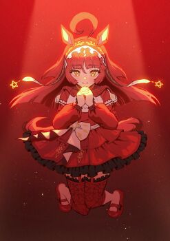 1girl absurdres animal_ears blunt_bangs blunt_ends blush bow brown_headdress closed_mouth commentary_request dress floating frilled_hairband frills full_body green_eyes hairband highres horse_ears horse_girl horse_tail long_hair looking_at_viewer nenbutsu_0416 red_background red_desire_(umamusume) red_dress red_hair red_hairband red_headdress smile solo star_(symbol) star_ornament tail umamusume white_bow