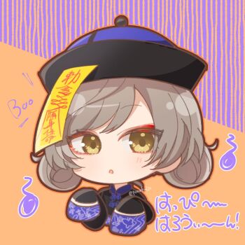 1girl :o alternate_hairstyle assault_lily black_hat black_shirt blue_hat blush chibi commentary_request cropped_torso double_bun grey_hair hair_bun halloween_costume happy_halloween hat jiangshi_costume long_sleeves looking_at_viewer ofuda orange_background parted_lips ponokaijo purple_background qingdai_guanmao sasaki_ran shirt short_hair sleeves_past_fingers sleeves_past_wrists solo striped_background twitter_username two-tone_background two-tone_headwear upper_body yellow_eyes