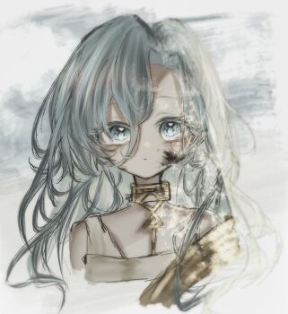 1girl 37_(reverse:1999) :/ abstract_background absurdres bare_shoulders blue_eyes blue_hair closed_mouth colored_eyelashes commentary cropped_shoulders curtained_hair dirty dirty_face expressionless gold_choker grey_background hair_between_eyes hakuurei highres light_particles long_bangs long_hair long_hair_between_eyes looking_at_viewer reverse:1999 side_part solo straight-on