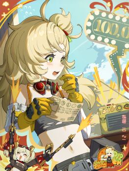 2girls bare_shoulders blonde_hair blush breasts burnice_white caesar_king_(zenless_zone_zero) cloud detached_sleeves flying_sweatdrops gloves goggles goggles_around_neck green_eyes happy_birthday highres holding holding_paper lighter_(zenless_zone_zero) long_hair luciana_de_montefio multiple_girls navel official_art open_mouth paper piper_wheel sky small_breasts stomach teeth yellow_gloves zenless_zone_zero