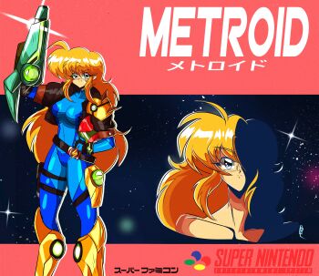 Rule 34 | 1990s (style), 1girl, absurdres, alternate costume, arm cannon, arm up, armor, blonde hair, blue bodysuit, bodysuit, collarbone, commentary, copyright name, english commentary, game console, hand on own hip, highres, long hair, looking at viewer, metroid, multiple views, nintendo, peachyboi, power suit (metroid), retro artstyle, samus aran, shaded face, shoulder armor, sky, smile, star (sky), starry sky, super metroid, super nintendo, upper body, varia suit, weapon, zero suit