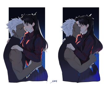 1boy 1girl absurdres archer_(fate) black_hair blue_eyes blush commentary_request fate/stay_night fate_(series) hetero highres kiss kotomine_(a1569) long_hair multiple_views pleated_skirt short_hair sideburns signature skirt sweater tan tohsaka_rin white_hair