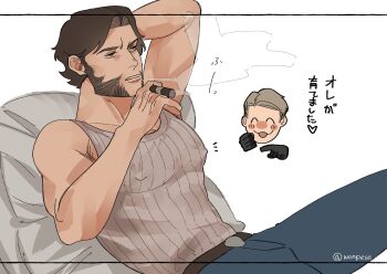 2boys animification arm_up belt black_gloves blue_pants blush brown_hair cigar closed_eyes commentary_request covered_erect_nipples deadpool facial_hair gloves green_eyes holding holding_cigar large_pectorals male_focus marvel multiple_boys muscular muscular_male pants pectorals pillow short_hair smoke smoking tank_top teeth translation_request twitter_username wolverine_(x-men) wonpese x-men x-men_film_series x-men_origins:_wolverine yaoi