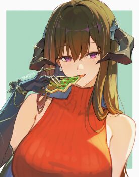 1girl absurdres alternate_costume artist_name black_hair breasts christmas_tree claws commentary cookie demon earrings elbow_gloves english_commentary food gloves gold_trim hair_between_eyes highres honkai:_star_rail honkai_(series) jewelry large_breasts long_hair looking_at_viewer mole mole_under_eye purple_eyes single_earring single_elbow_glove sleeveless sleeveless_turtleneck the_dahlia_(honkai:_star_rail) turtleneck yanjem