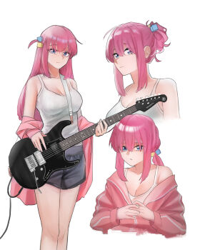 1girl absurdres alternate_costume alternate_hairstyle black_shorts bocchi_the_rock! breasts cleavage commentary cube_hair_ornament cup electric_guitar eyes_visible_through_hair gibson_les_paul gotoh_hitori guitar hair_between_eyes hair_bun hair_ornament hair_over_one_eye highres holding holding_cup instrument jacket jacket_partially_removed large_breasts long_bangs long_hair long_sidelocks looking_at_viewer looking_to_the_side multiple_views off_shoulder partially_unzipped pink_hair pink_jacket ponytail raised_inner_eyebrows repanda ribbed_tank_top short_shorts shorts sidelocks simple_background single_hair_bun standing straight_hair tank_top white_background white_tank_top